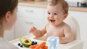 Младенец с полезными продуктами и голограммой зуба как питание младенца и здоровье зубов тренды 2026