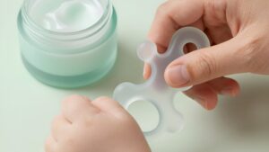 Рука родителя прикладывает силиконовый грызунок к щеке малыша, демонстрируя современные методы помощи при прорезывании зубов младенцев